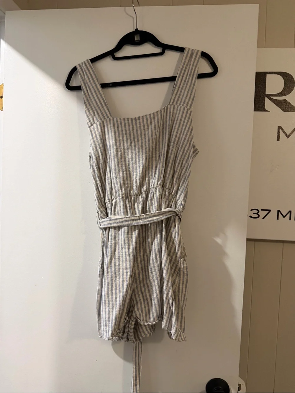 Zara Light Blue Striped Belted Romper L